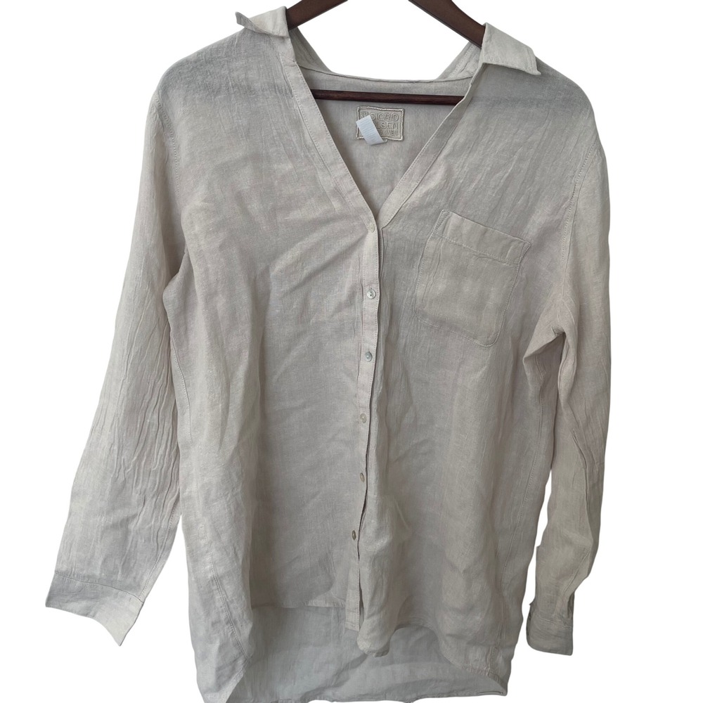 Sigrid Olsen Linen Button Down Shirt Beige Long Sleeve Women's Large Coastal